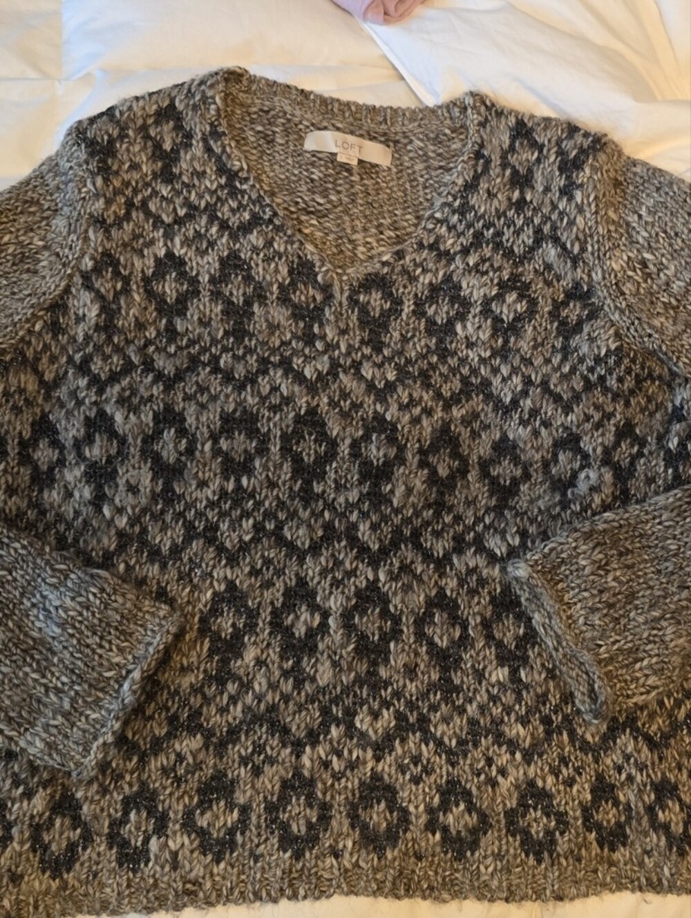 LOFT Tan and Black sparkle Patterned V-Neck Sweater